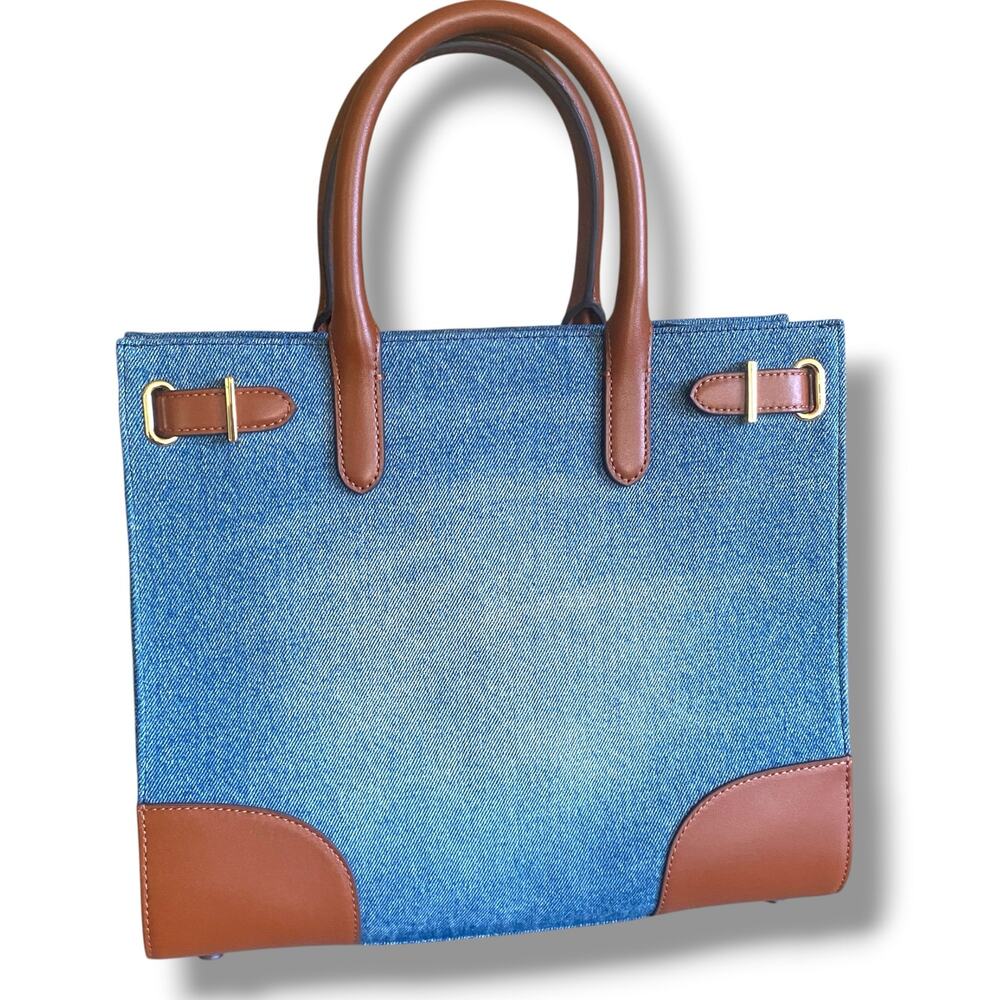 Lauren Ralph Lauren Devyn Denim Tote Bag Purse Leather Trim Sz Medium New